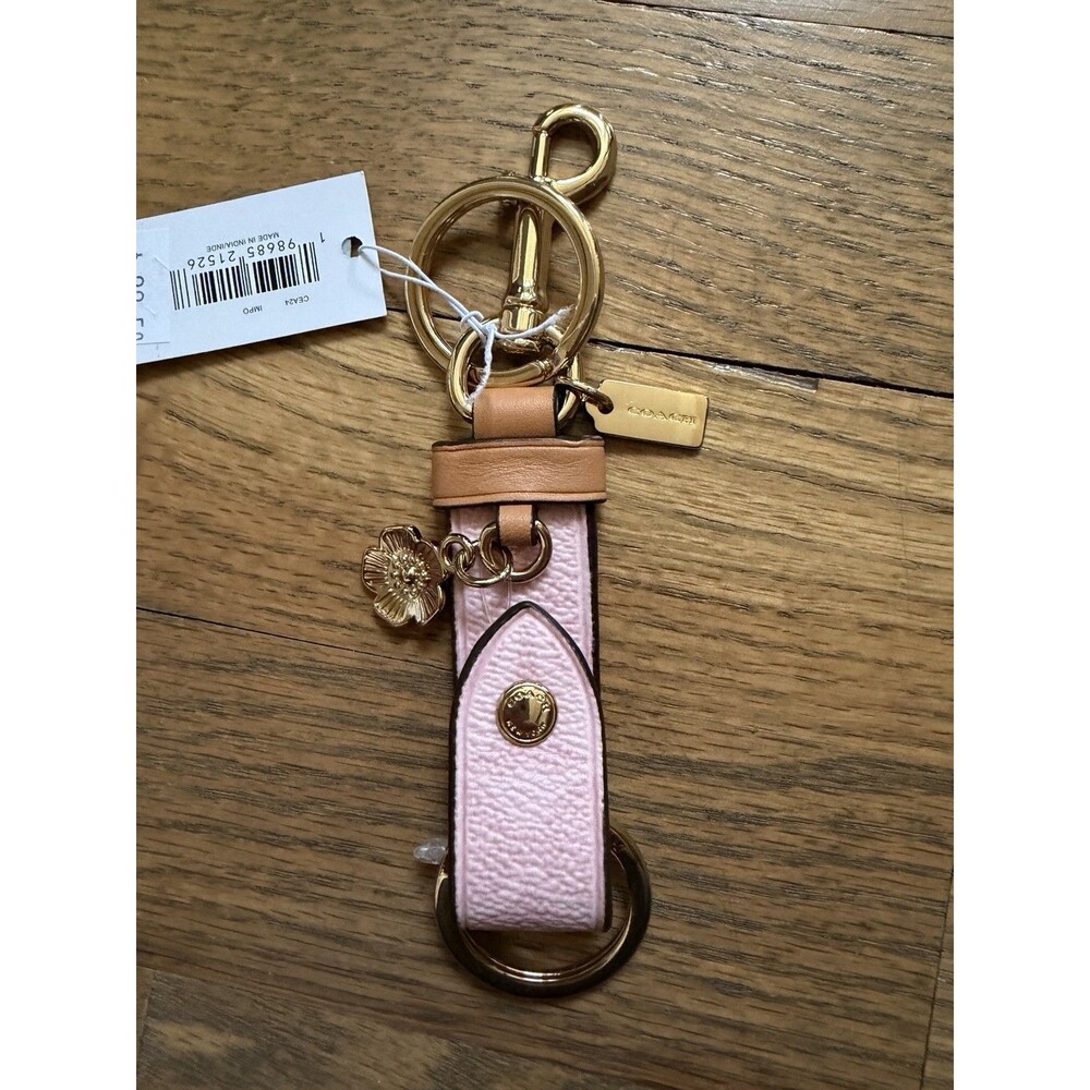 Coach Trigger Snap Bag Charm Key Fob Signature Powder Pink Flower Charm CEA24 NW